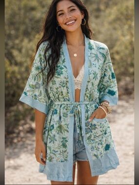 Handprint Women's Green Floral Cotton Kimono Robe Uni Size 36334